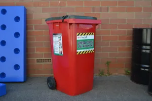 Home Red trash can with a sign, related to latest news on Spill Kits.