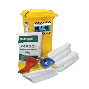 A yellow bucket containing a white bag, gloves, and a 240L oil and fuel spill kit for emergency clean-up.