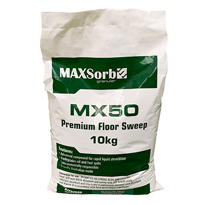 Floor sweep absorbent MaxSorb MX50, ideal for quick and effective cleanup of spills on different floor types.