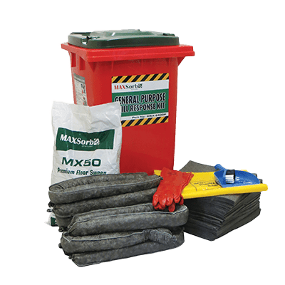 240L General Purpose Spill Kit with floor sweep, absorbent booms, pads, PVC gloves, disposal bags, and wheelie bin for effective spill response.
