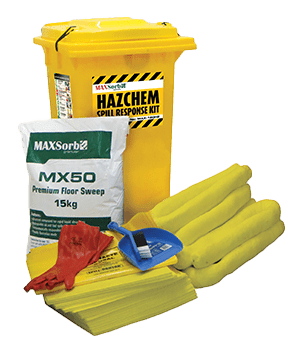 Hazchem Spill Kit with yellow wheelie bin, absorbent pads & booms, PVC gloves, floor sweep, dustpan and brush, and heavy-duty waste disposal bags.