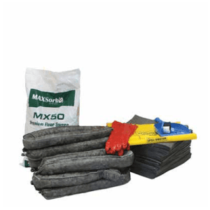 A bag of black rubber gloves, a bag of sand, and a refill kit labeled "240L General Purpose Complete."