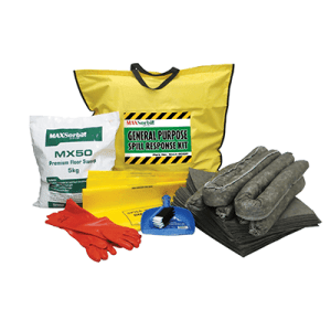 A bag of supplies for an 80L General Purpose Spill Kit, prominently featuring multiple pairs of gloves for safety.