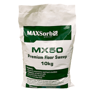 Floor sweep absorbent MaxSorb MX50, ideal for quick and effective cleanup of spills on different floor types.