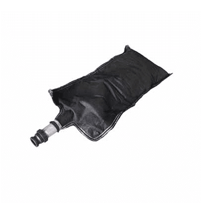 A black bag with a water bottle resting on top, featuring absorbent pillows and a camlock for spill containment.