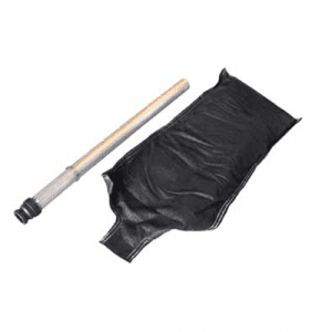 A black bag containing a wooden stick and a black plastic bag, labeled as Bund Filter Replacement Bag, Spillkit.